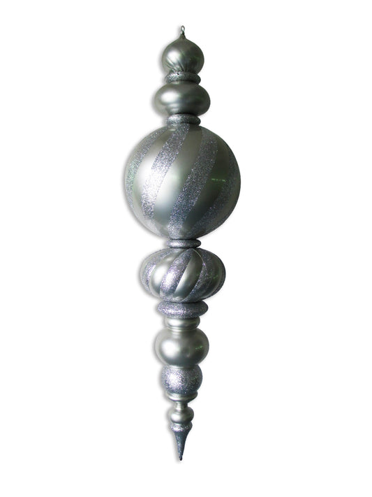 60" Jumbo Silver Finial Ornament with Silver Glittered Stripes