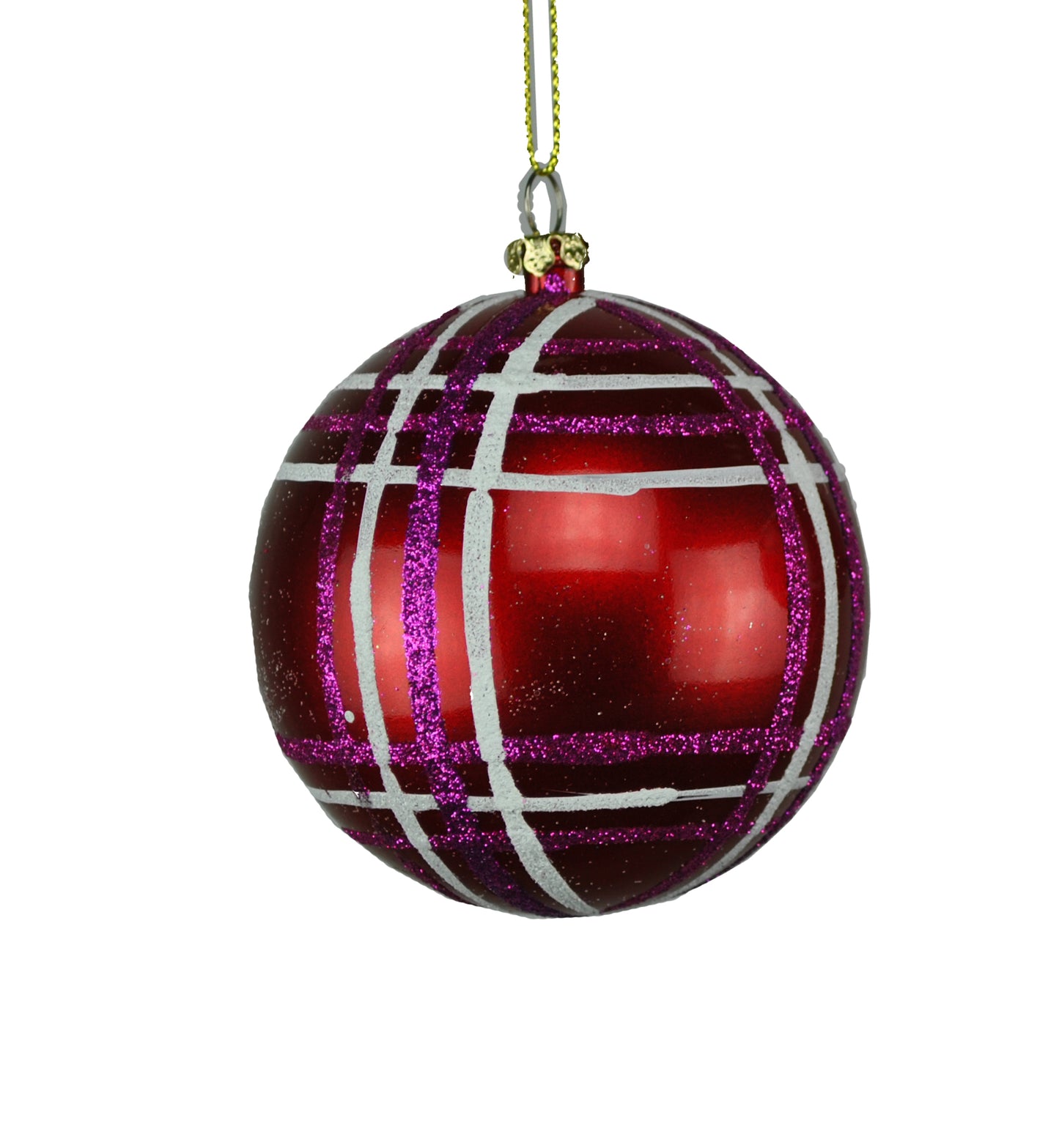 4 Pack of Red, Hot Pink, and White Striped Ball Ornaments with Glitter Enhancements