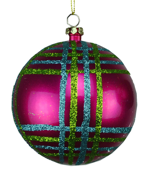 4 Pack of Hot Pink, Lime Green, and Teal Striped Ball Ornaments with Glitter Enhancements