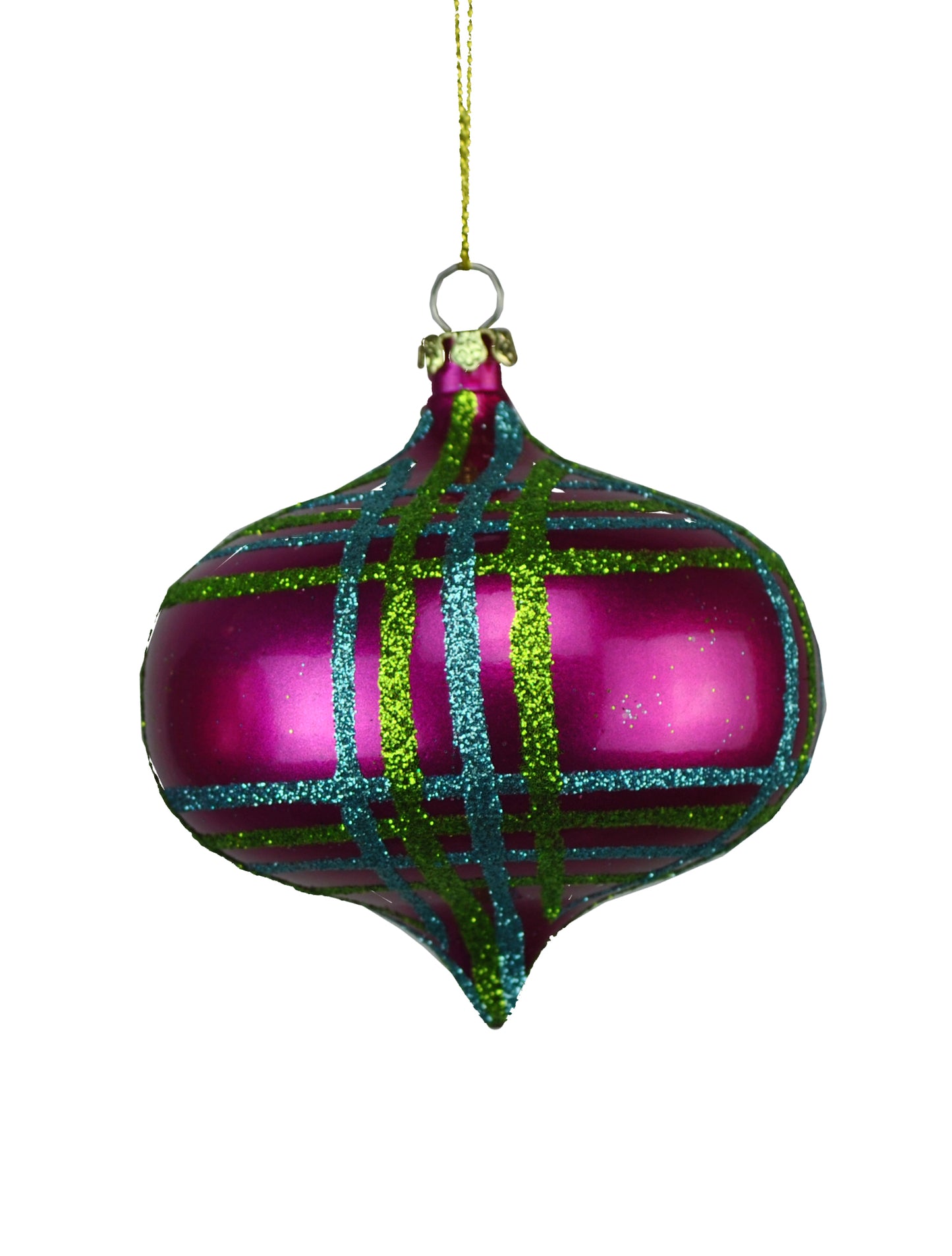 4 Pack of Hot Pink, Lime Green, and Teal Striped Onion Ornaments with Glitter Enhancements