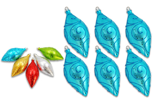 6 Pack 5" Aqua Teardrop Ornament with Aqua Glitter