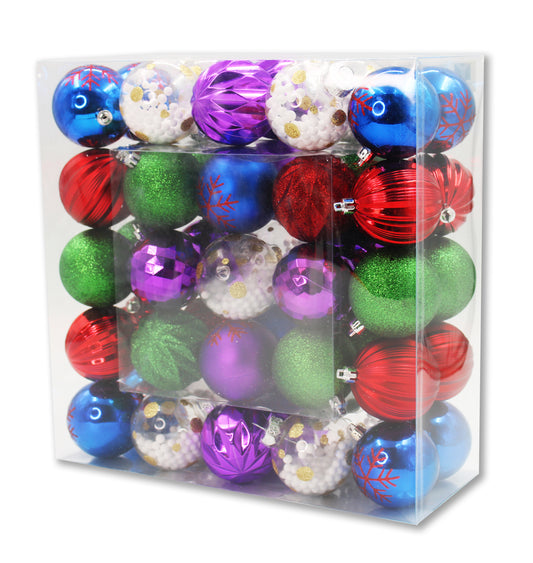 50 Pack Blue, Purple, Green, Red and Clear Assorted Ball Ornaments