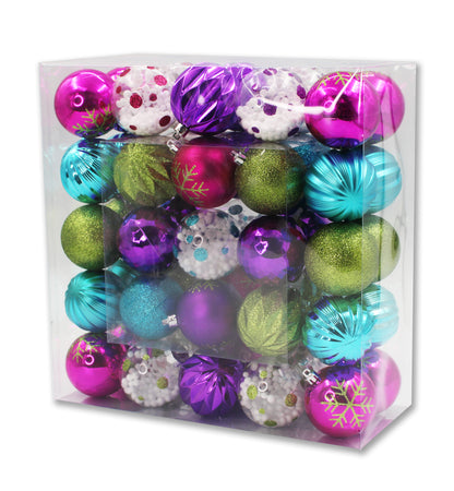 50 Pack Hot Pink, Purple, Teal, Lime Green and Clear Assorted Ball Ornaments