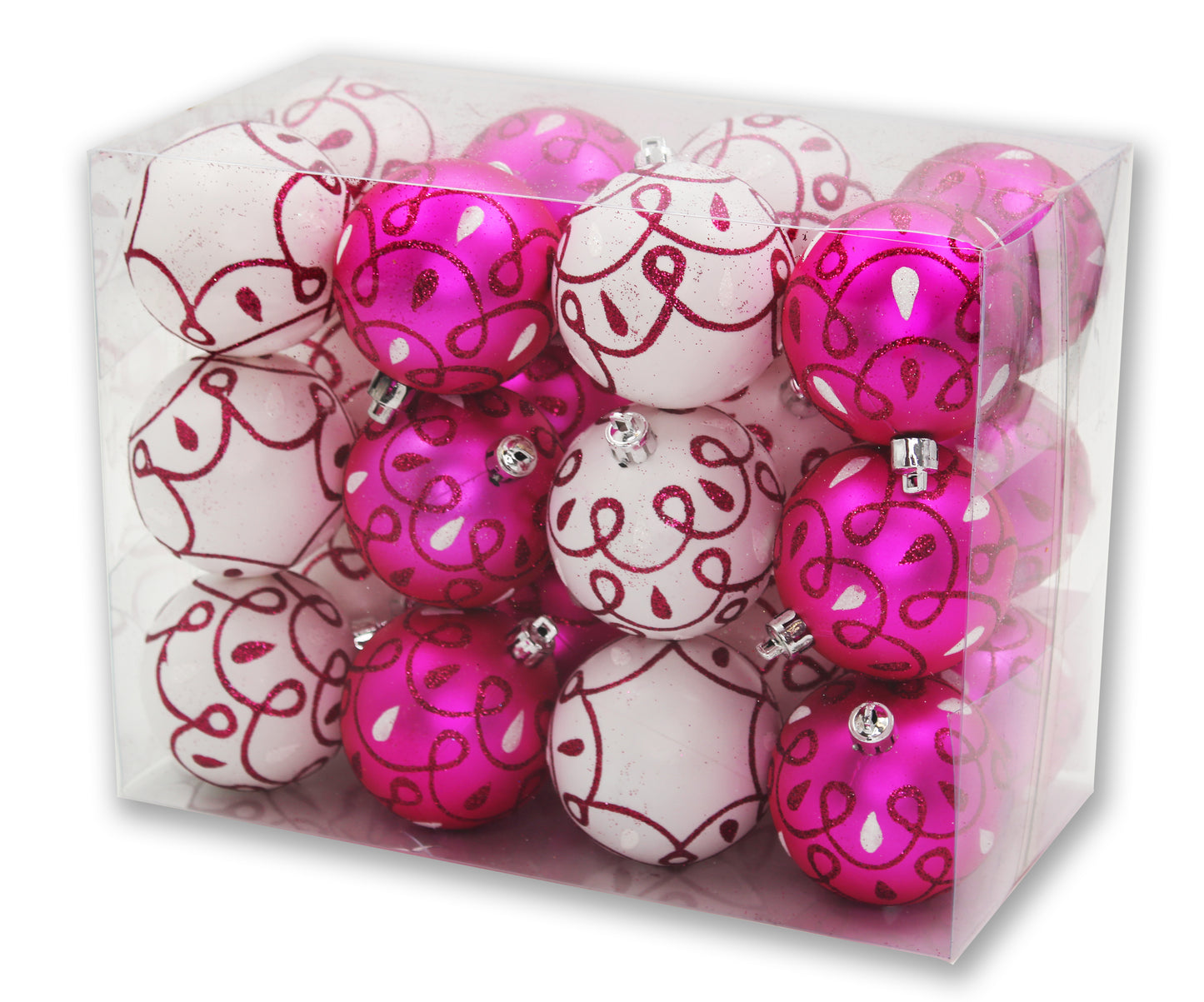 24 Pack Hot Pink and White Loop Design Ball Ornaments