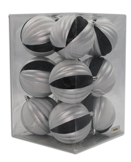 12 Pack Black, White and Silver Assorted Ball Ornaments