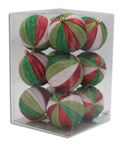 12 Pack White, Lime Green and Green Glitter Assorted Ball Ornaments