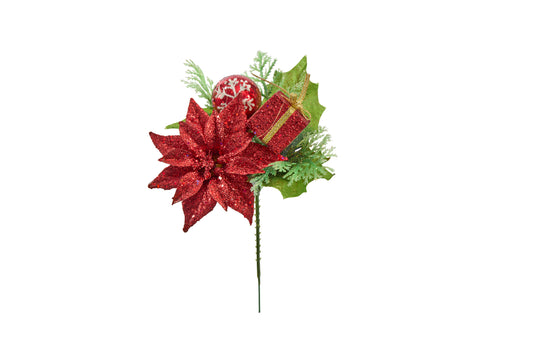 3 Pack of Red Glitter Enhanced Poinsettia, Present, and Ornament Picks