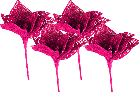 4 Pack of 14" Hot Pink Flower Picks with Glitter Enhancements