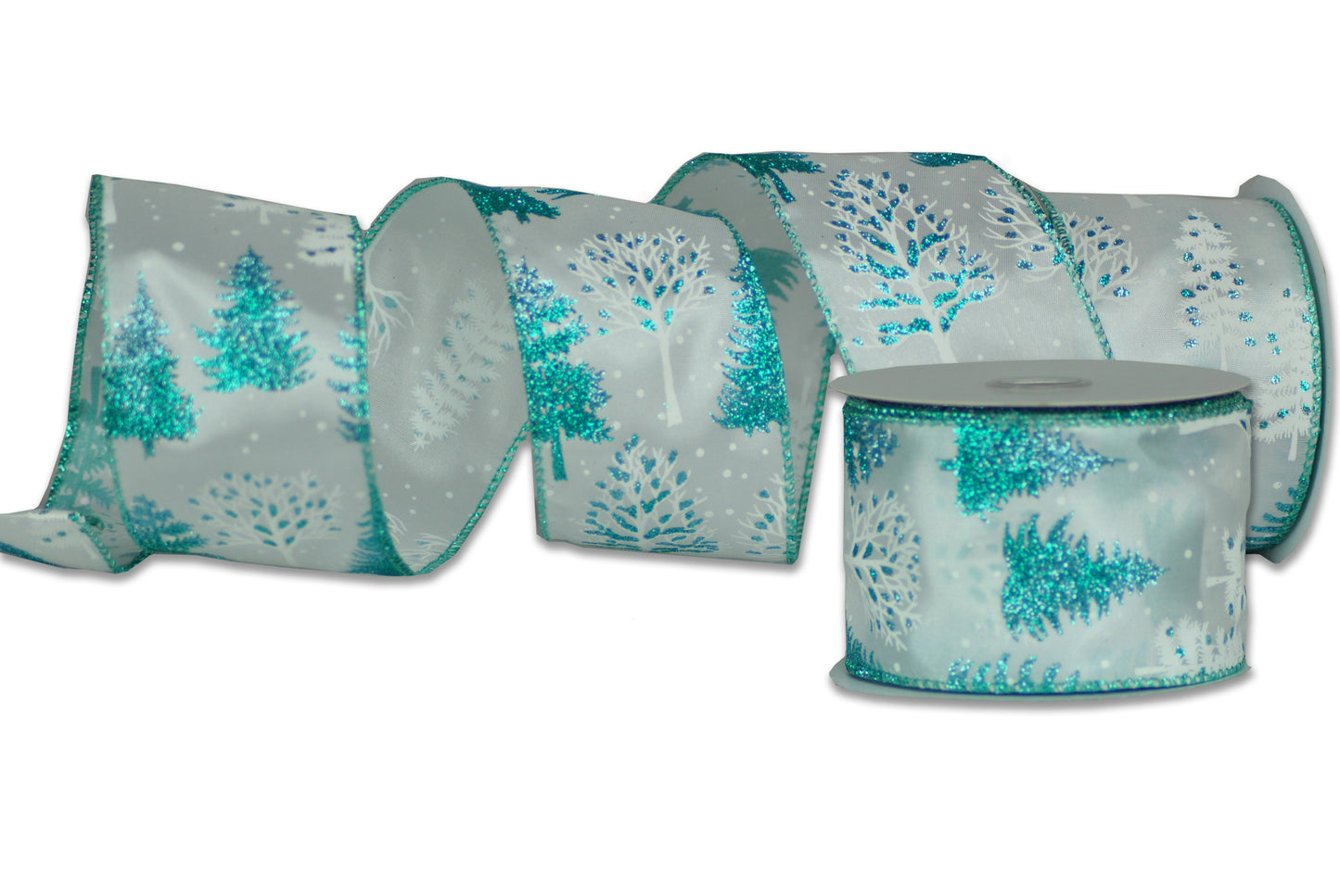 2 Pack of 30' White Ribbon with Aqua and White Designs and Glitter Enhancements