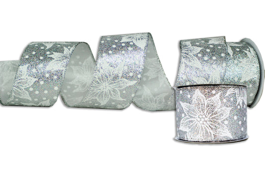 2 pack of 30' Silver Ribbon with White Poinsettias and Glitter Enhancements