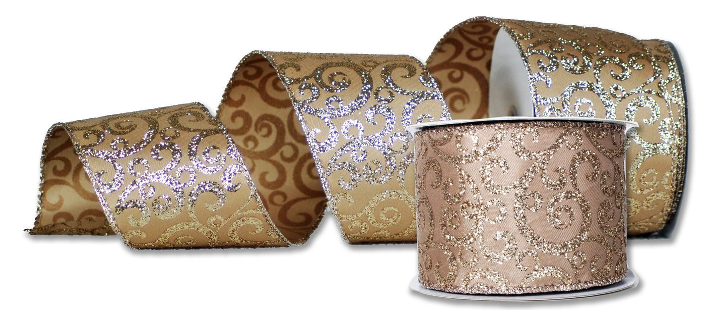 2 Pack of 30' Champagne Ribbon with Gold Glitter Designs and Accents