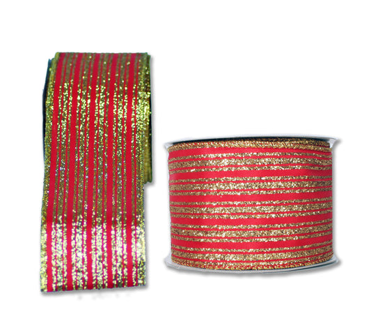 2 Pack of 30' Red Ribbon with Gold Glitter Lines