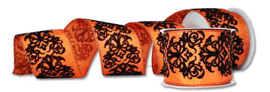 2 Pack of 30' Orange Ribbon with Brown Velvet Designs