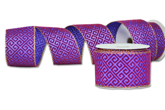 2 Pack of 30' Purple Ribbon with Purple Velvet Designs and Gold Glitter Edges