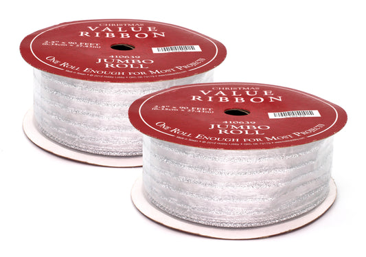 2 Pack of 30' Silver Ribbon with Silver Glitter Stripes