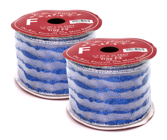 2 Pack of 30' Mesh Ribbon with Dark Blue Stripes and Glitter Enhancements