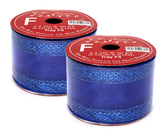 2 Pack of 30' Dark Blue Mesh Ribbon with a Mesh Center Stripe and Glitter Enhancements