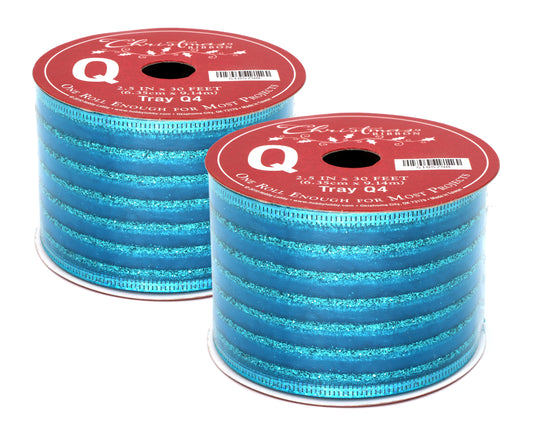 2 Pack of 30' Aqua Ribbon with Thin Glitter Stripes