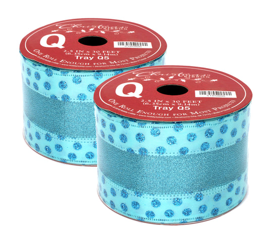 2 Pack of 30' Aqua Ribbon with Glitter Dot Accents and a Thick Metallic Stripe