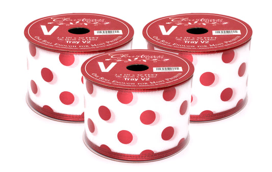 3 Pack of 30' White Ribbon with Shiny Red Polka Dot Accents and Trim