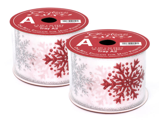 2 Pack of 30' White Ribbon with Red and Silver Glitter Snowflakes