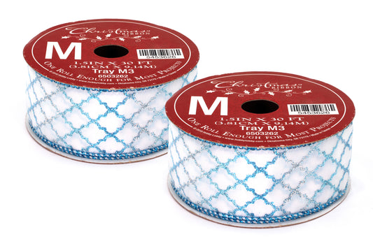 2 Pack of 30' White Ribbon with Silver and Aqua Glitter Designs