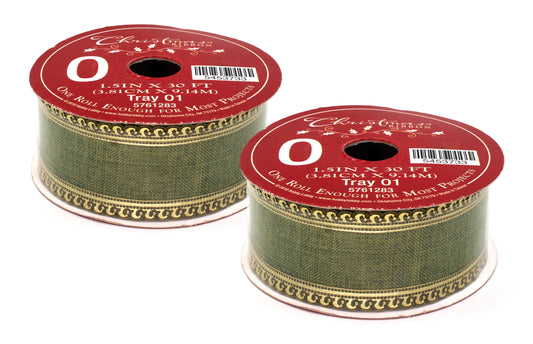 2 Pack of 30' Olive Green Ribbon with Metallic Gold Trim