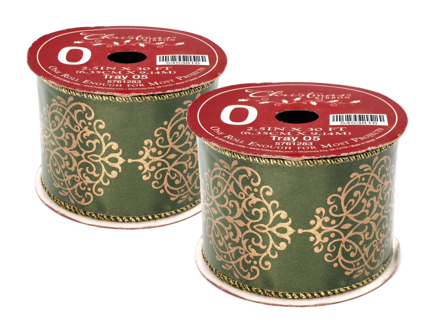 2 Pack of 30' Olive Green Ribbon with Shiny Gold Mandala Designs