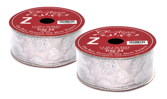 2 Pack of 30' Silver Ribbon with Glitter Polka Dots