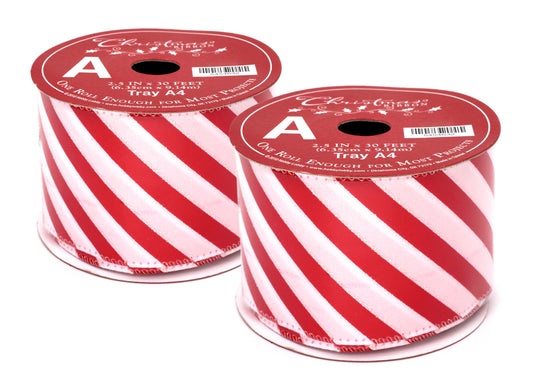 2 Pack of 30' Red and White Diagonally Striped Ribbon