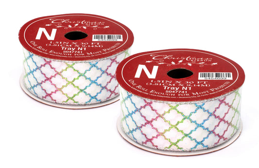 2 Pack of 30' White Ribbon with Aqua, Hot Pink, and Lime Green Diamond Glitter Design