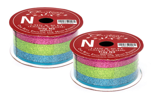 2 Pack of 30' Aqua, Hot Pink, and Lime Green Glitter Striped Ribbon