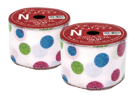 2 Pack of 30' White Mesh Ribbon with Hot Pink, Blue, and Lime Green Glitter Polka Dots