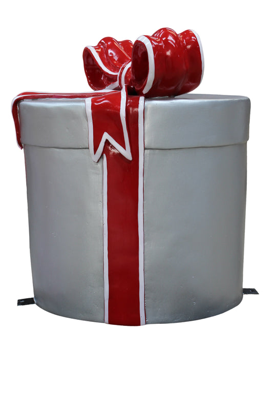 Silver 15" Gift Box Candy Collection with Red Bow and White Trim