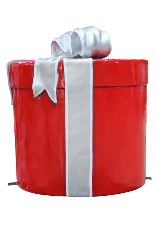 Red Oval 33" Gift Box with Silver Ribbon and Bow with White Trim