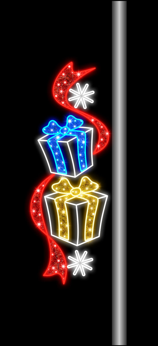 6' Pole Mount with 2 Gifts and Ribbon Warm White, Red and Blue LEDs