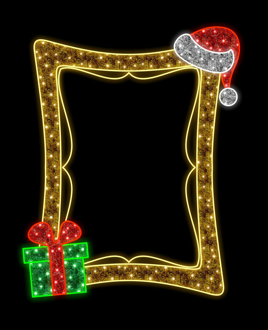 7' Frame with Santa hat and Gift Warm White, Red and Green Lights