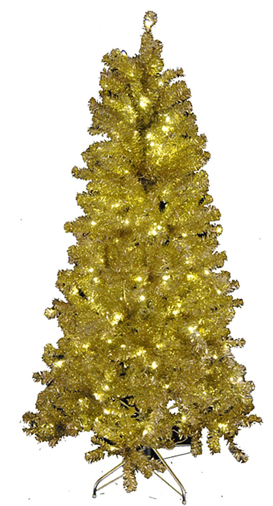 9' Gold and Silver Tinsel Tree Pre Lit with LED Warm White Lights