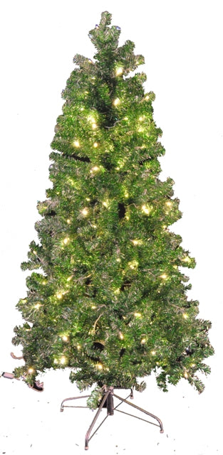 9' Green and Silver Tinsel Tree Pre Lit with LED Warm White Lights
